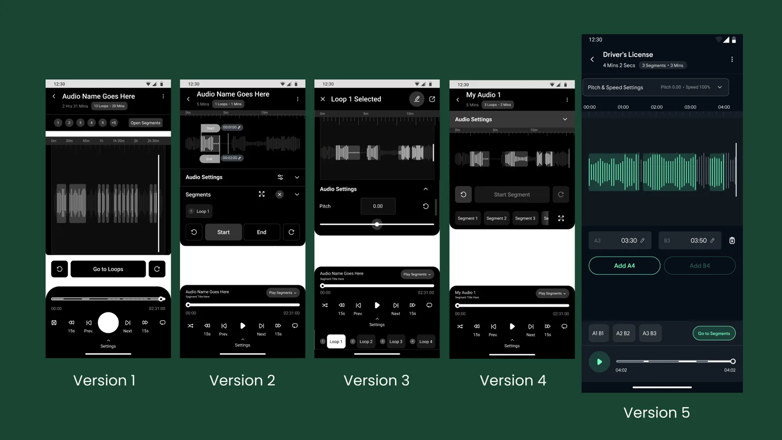 Early prototype screens using A and B loop labels