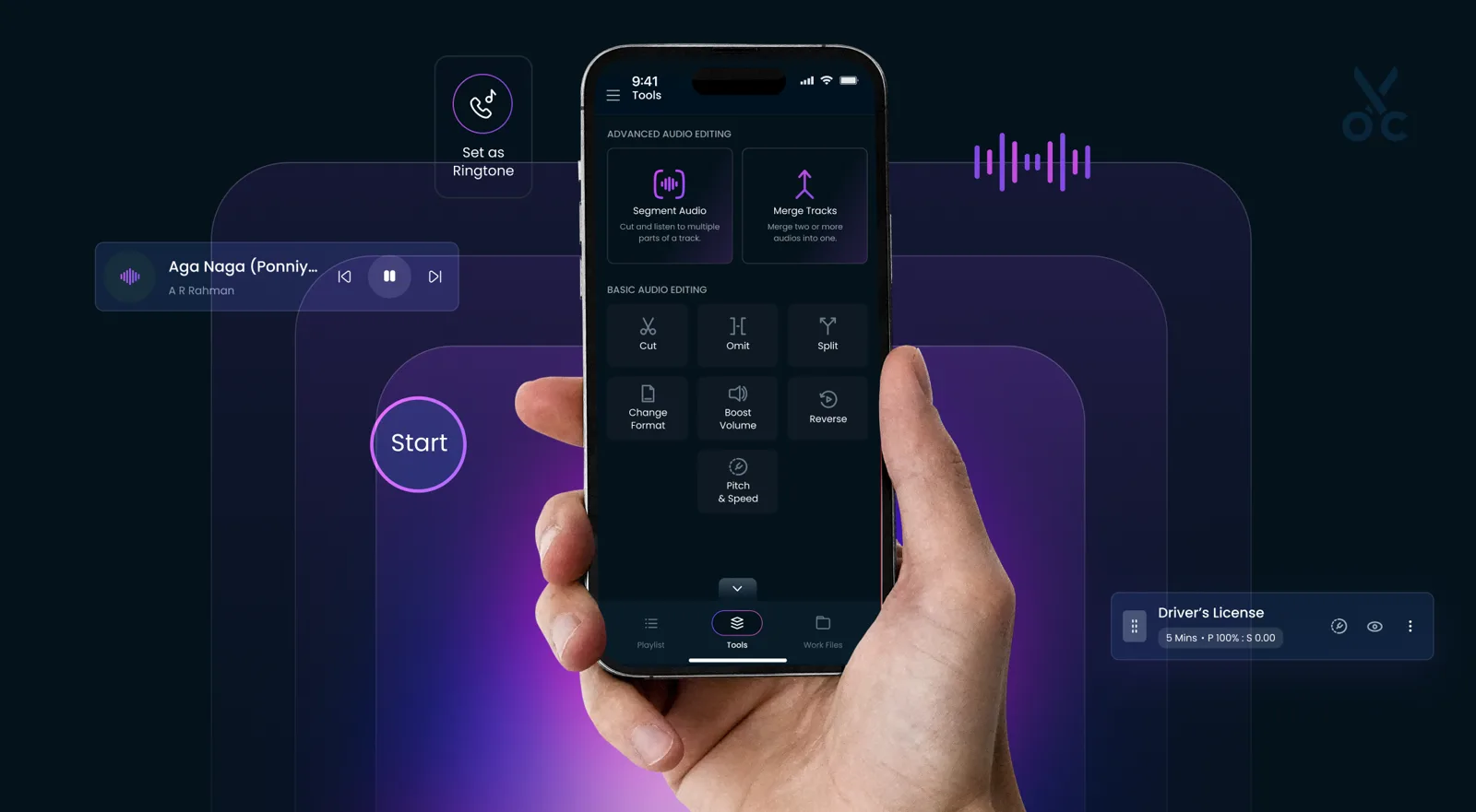 AudioCraft's tools screen on a phone, showing Segment Audio, Merge Tracks, Cut, Omit, Split and Pitch and Speed