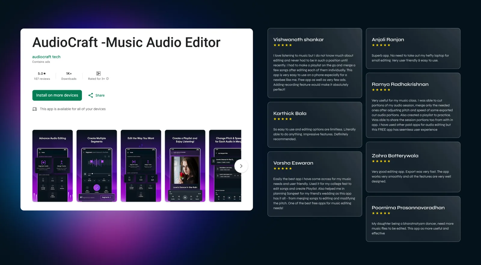 AudioCraft's Google Play listing next to user reviews