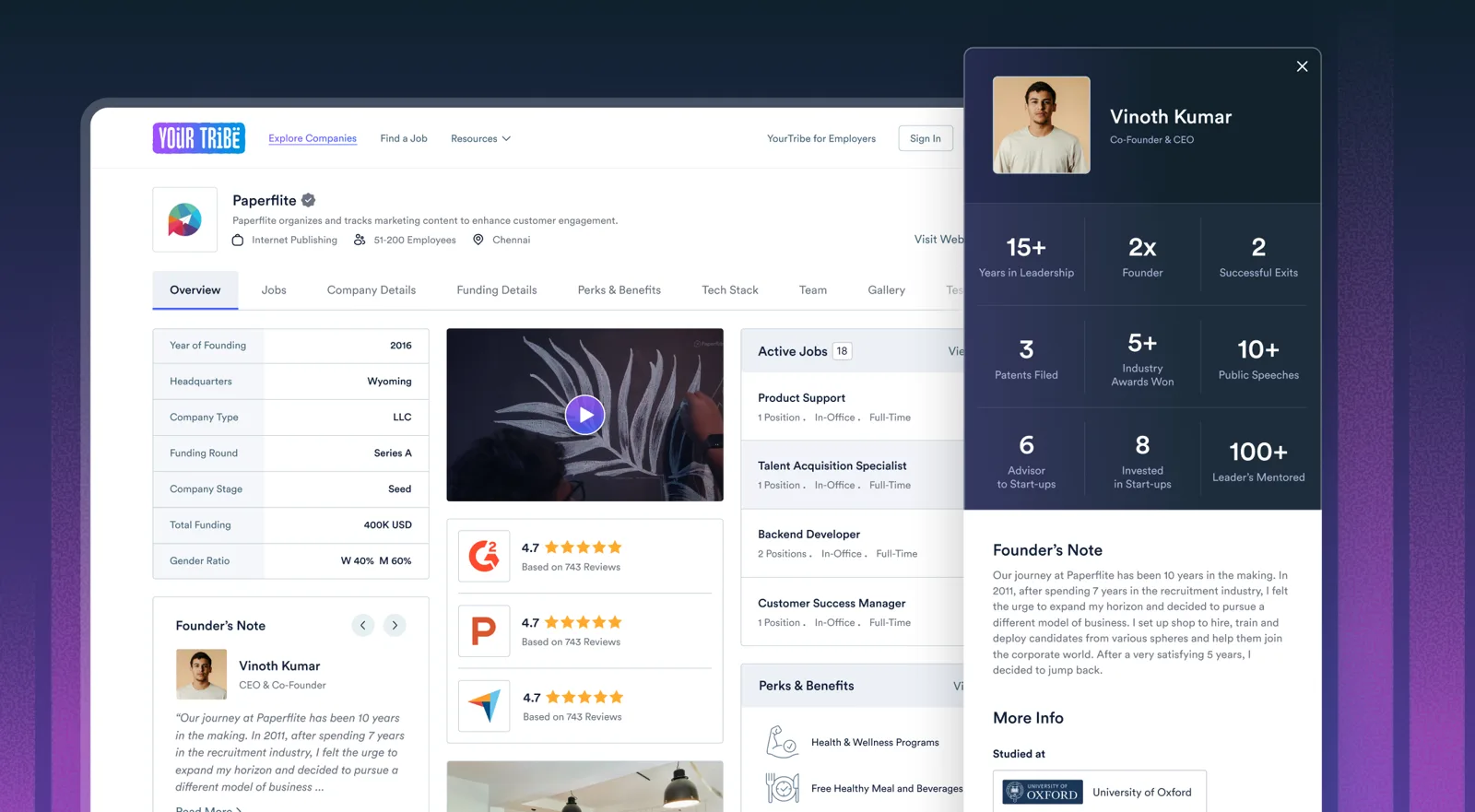 The redesigned profile with a founder card showing years of leadership, previous exits and education