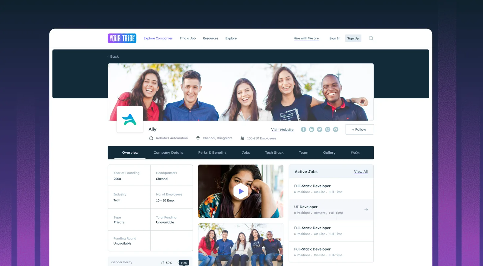 The earlier company profile for Ally, led by a large team photo, with company facts below