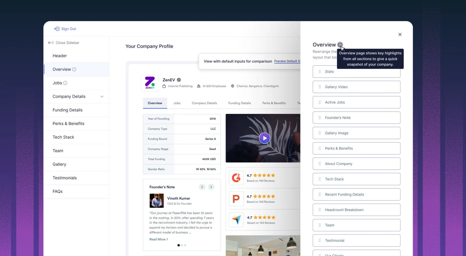 The founder dashboard for editing a company profile, with a section list and a live preview