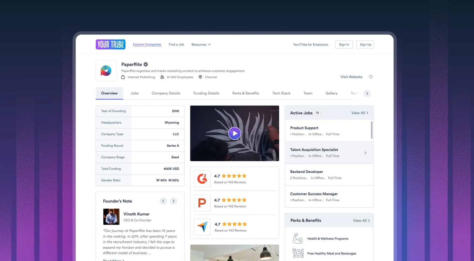 A YourTribe company profile for Paperfile, showing company facts, a video, active jobs and a founder's note