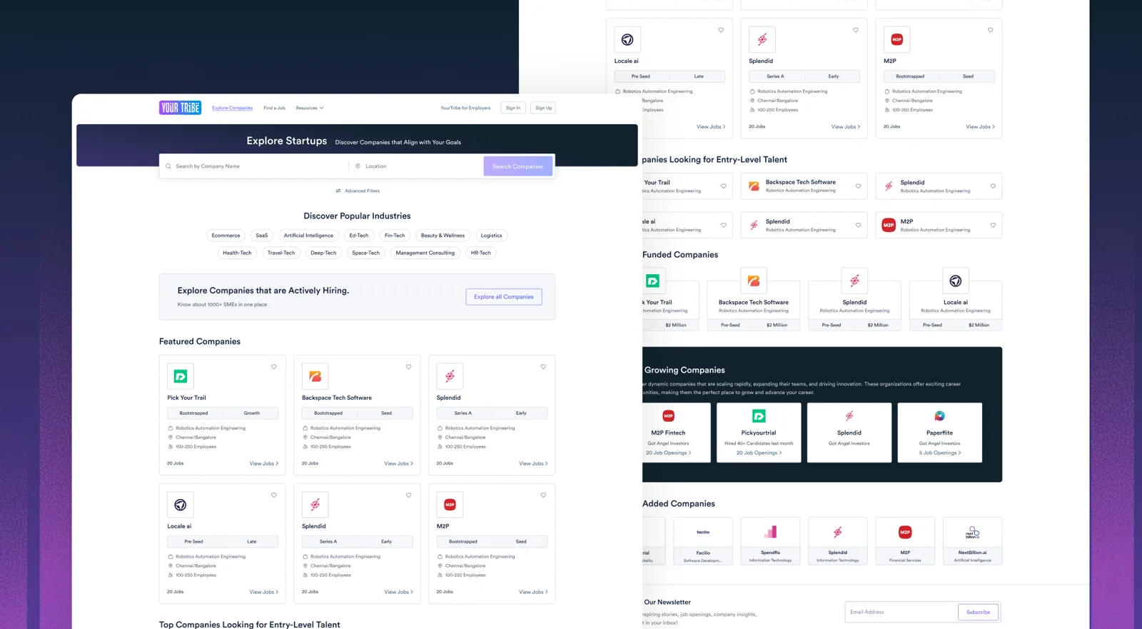 The Explore Startups page with industry filters and cards for featured, funded and growing companies