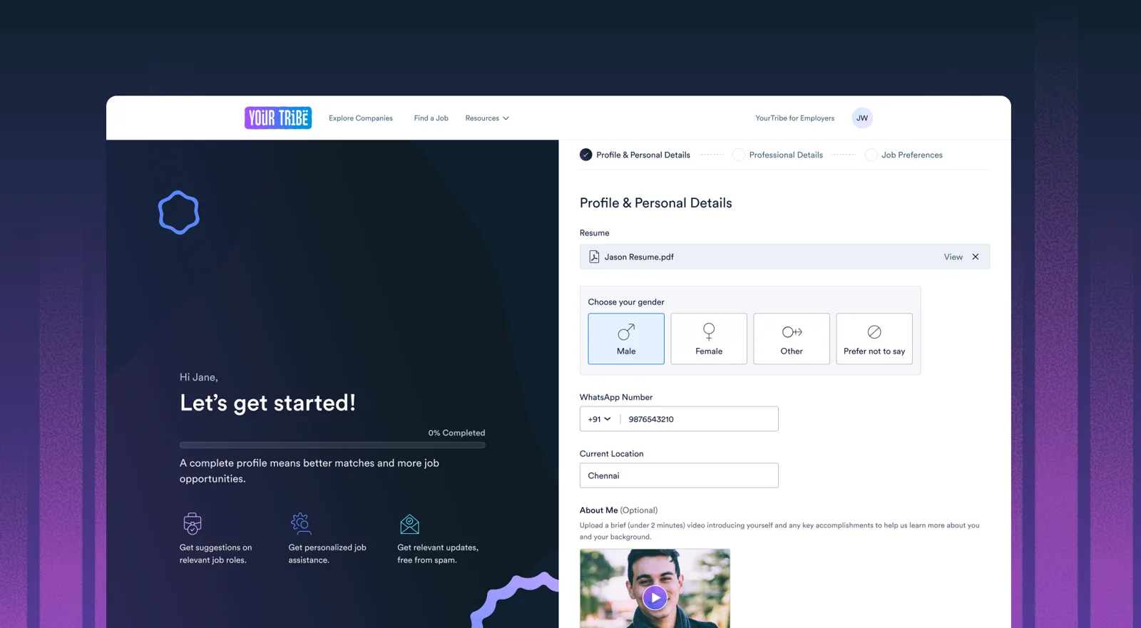 The new first stage, Profile and Personal Details, beside a welcome panel explaining the benefits