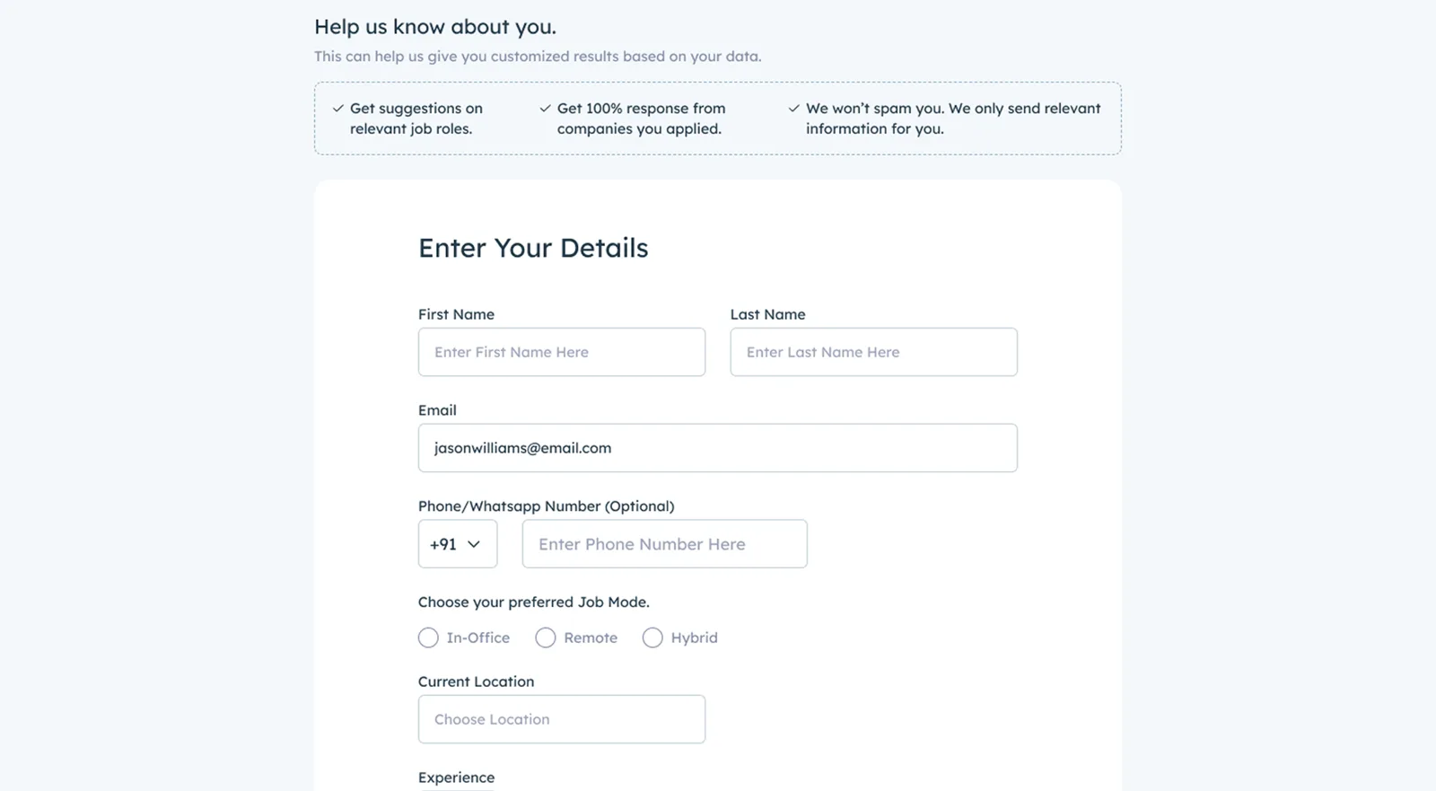 The original single signup form asking for name, email, phone, job mode and location