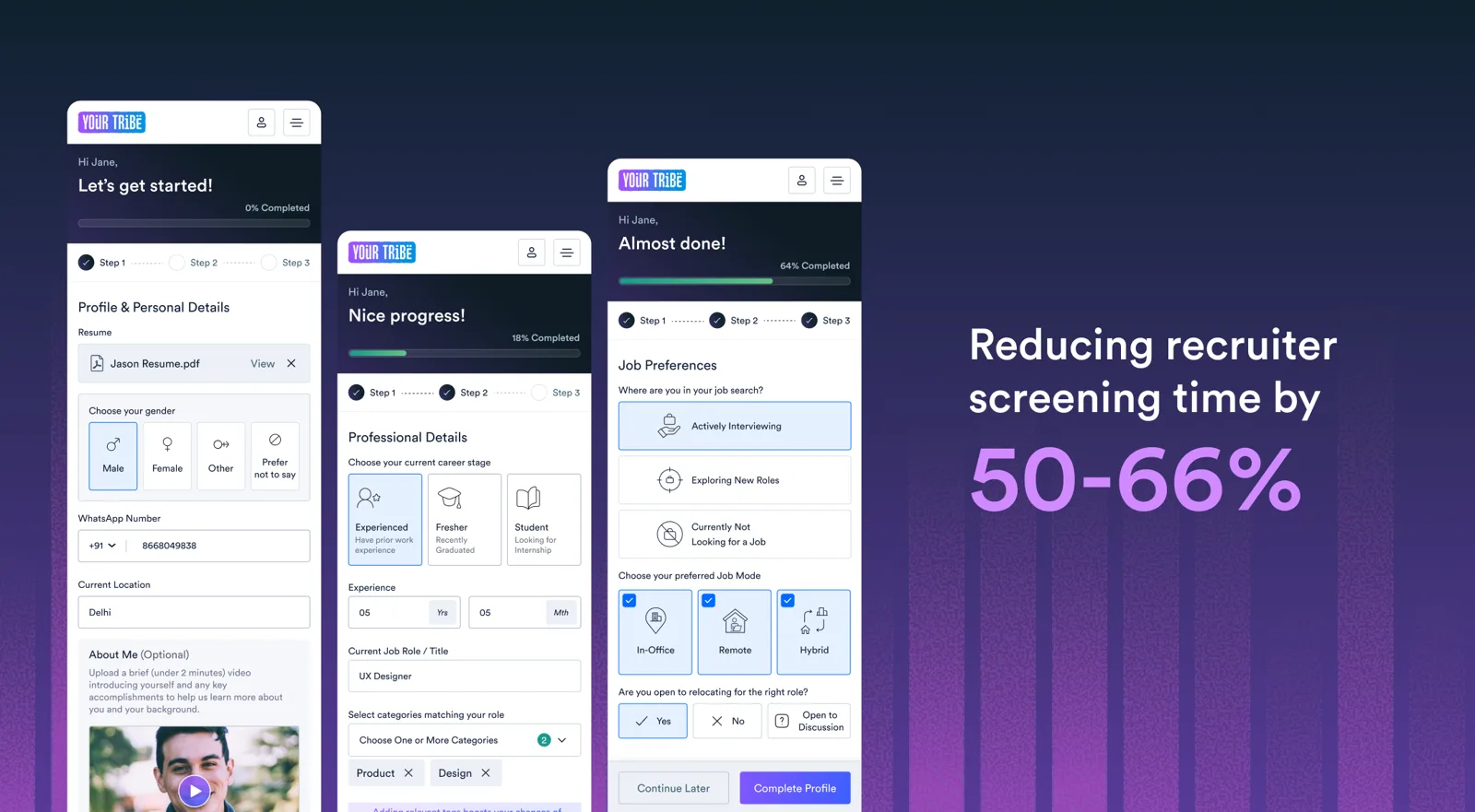 Three mobile screens of the onboarding flow: Let's get started, Nice progress, and Almost done